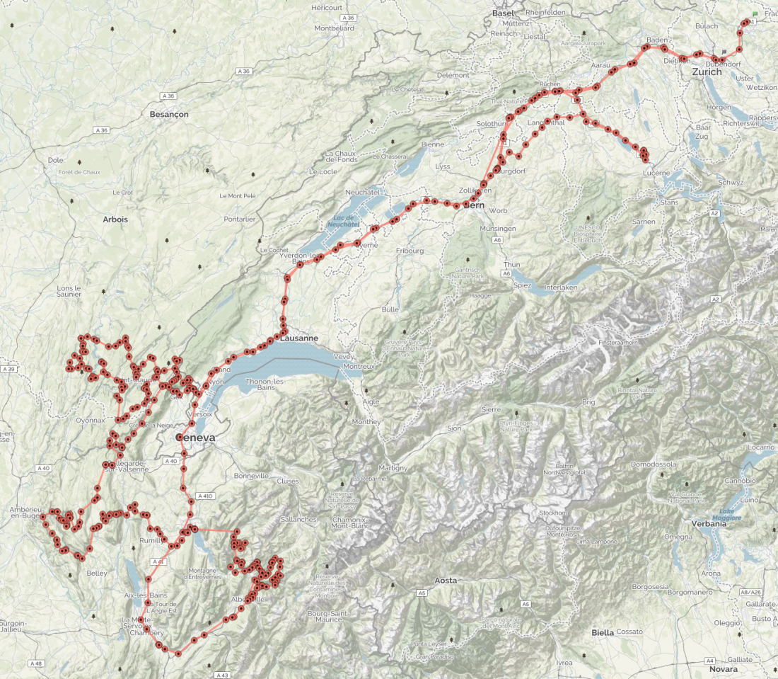 Unsere gefahrenen Strecken, inkl. Hin- (mit Abstecher nach Rain) und Rückreise. Je näher die Punkte zusammen sind, umso langsamer sind wir gefahren ...