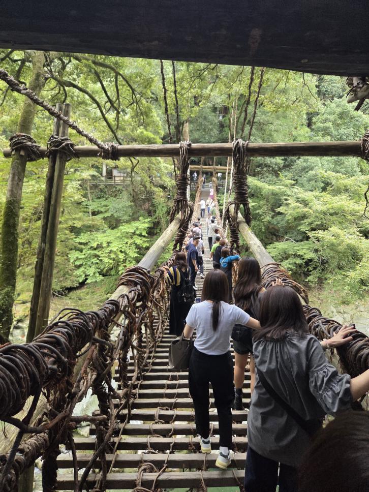 Beim Überqueren einer Bambus-Hängebrücke: Für viele Japanerinnen und Japaner eine echte Herausfoderung!